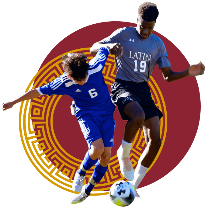 A Latin soccer player and another boy battle for control of the soccer ball.