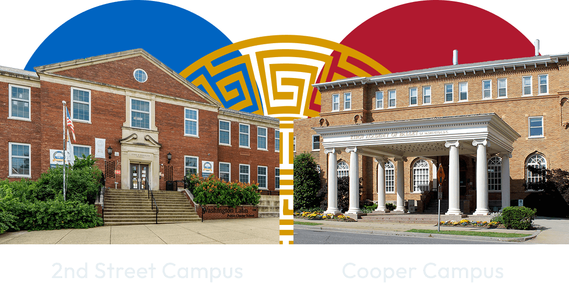 Graphical collage showing the building facades of Cooper and 2nd Street campuses.