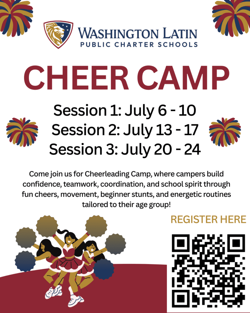 Washington Latin Cheer Camp flyer showing session dates for July 6–10, July 13–17, and July 20–24, 2026
